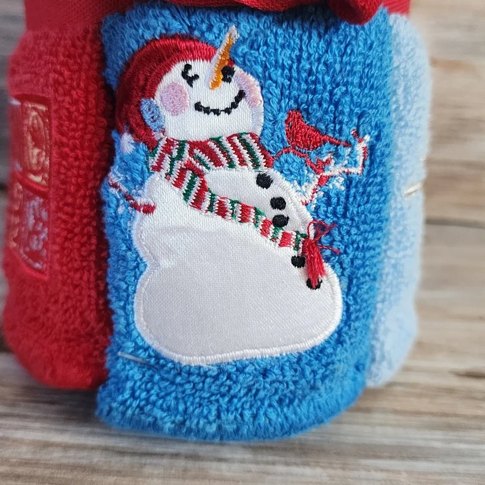 Holiday Time 6 Piece Washcloth Bundle Set Red Blue Snowman Snowflake Noel NEW